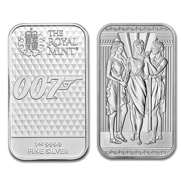 Una barra de plata de una onza del agente 007 y una barra de plata de las 3 gracias