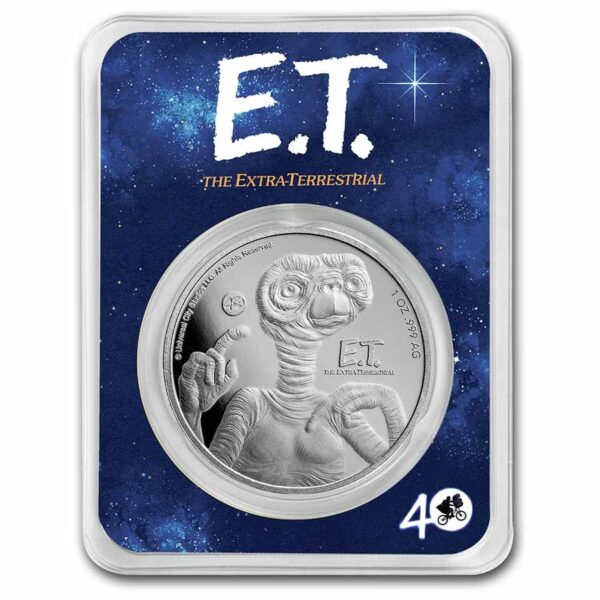 Moneda de plata de E.T. reverso en empaque