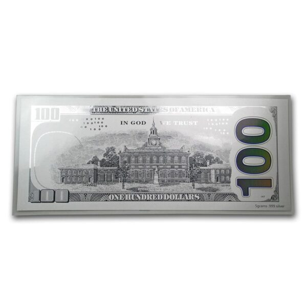 Réplica de billete de 100 dólares en plata reverso