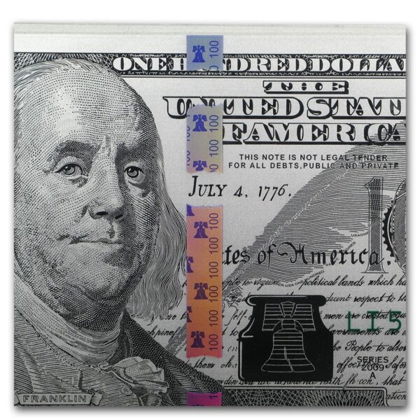 Billete réplica de 100 dólares americanos en plata fina plano detalle del billete
