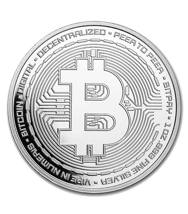 Bitcoin moneda de plata con logotipo BTC y elementos tecnológicos alrededor.