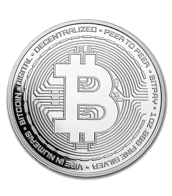 Bitcoin moneda de plata con logotipo BTC y elementos tecnológicos alrededor.