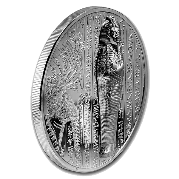 Moneda de plata momia ultra alto relieve de las ilsas cook en vista diagonal