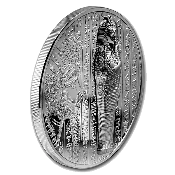 Moneda de plata momia ultra alto relieve de las ilsas cook en vista diagonal