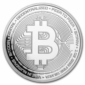 Bitcoin moneda de plata anverso con B de Bitcoin
