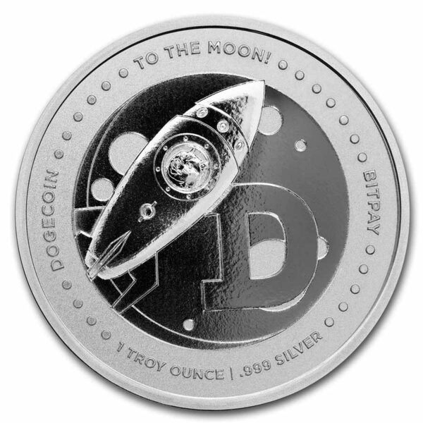 Moneda de plata Dogecoin. Doge en un cohete rumbo a la luna.