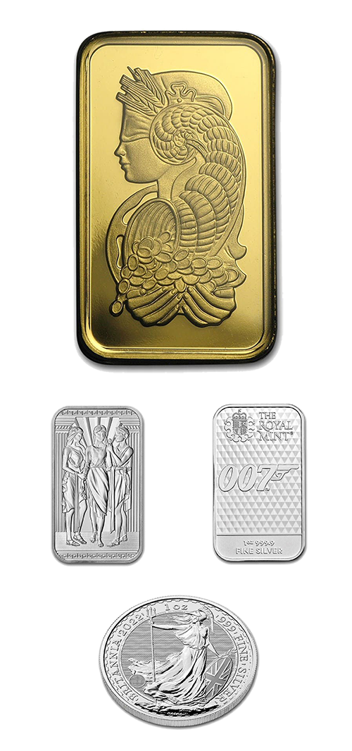 Barras de oro, plata y una moneda de plata
