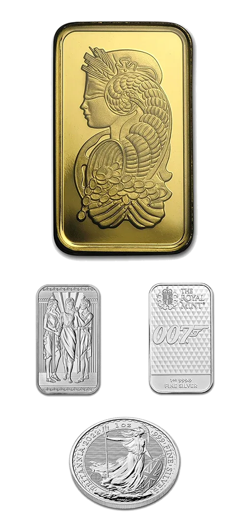 Barras de oro, plata y una moneda de plata
