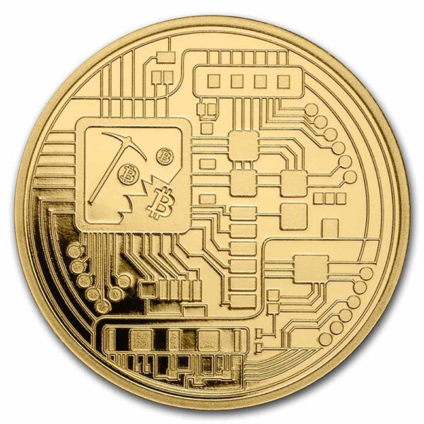 Reverso de la moneda de oro de Bitcoin con un pico haciendo alusión a la minería.