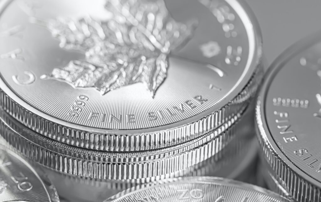 Closeup shot of maple leaf fine silver coins from the Royal Canadian Mint