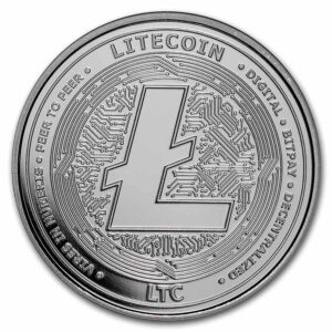 Moneda de plata con logo Litecoin al medio y nombre en la parte superior, siglas LTC en la parte inferior.