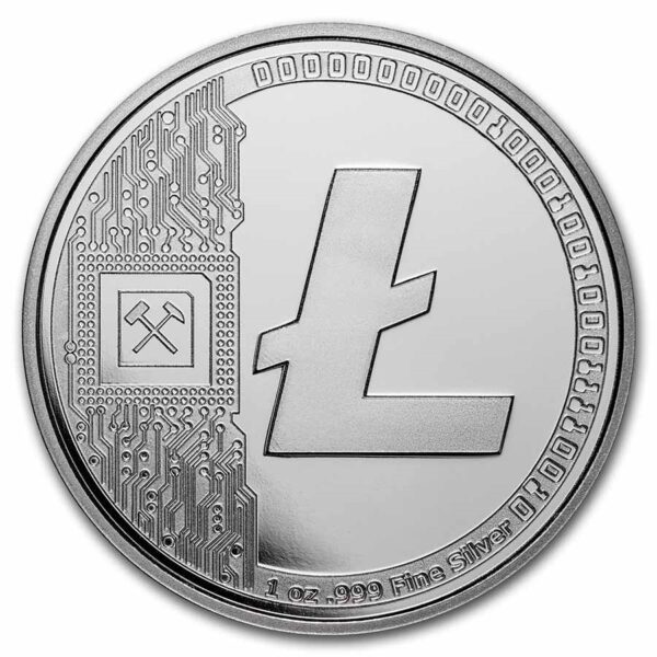 Moneda de plata con isotipo Litecoin a la derecha y a la izquierda una señal de pico y pala haciendo alusión a la minería digital.