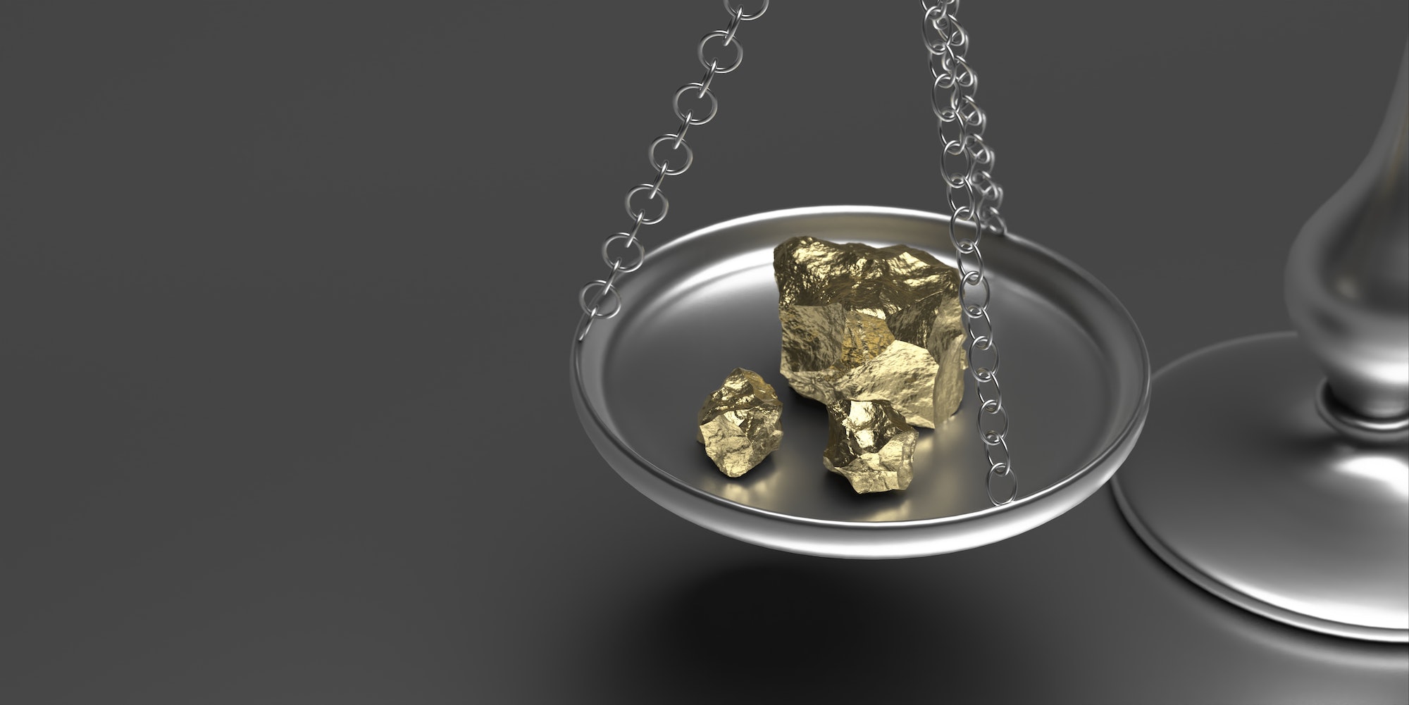 Gold rock scale weighs gold nuggets on grey background. 3d illustration