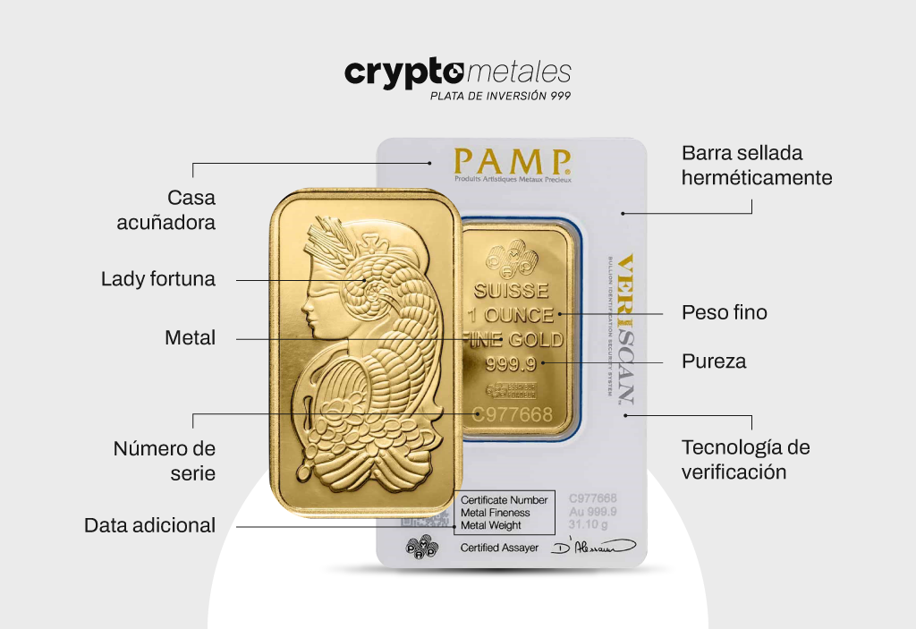características de una barra de oro certificada y legítima que cumple con el estandar internacional fijado por la LBMA.