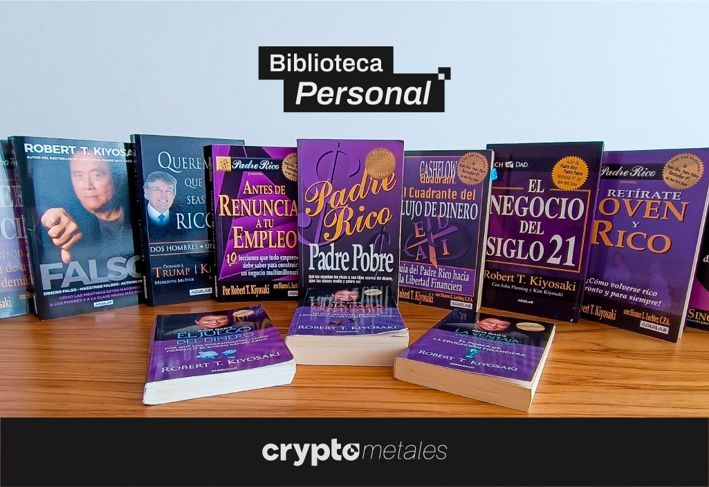 Biblioteca de Crypto Metales con varios libros del autor Robert Kiyosaki.