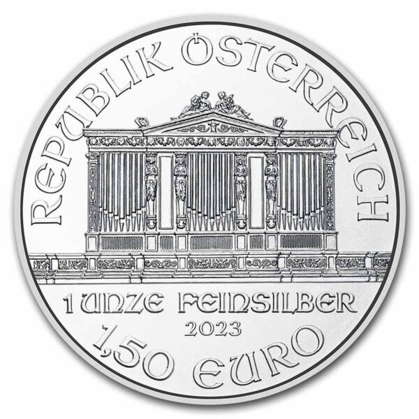 anverso de la moneda de plata filarmónica 2023, con denominación legal.