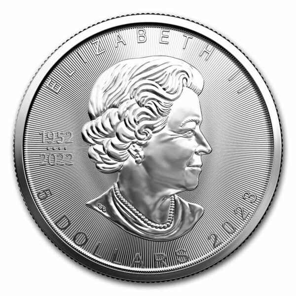 moneda de plata hoja de arce 2023 con el busto de la reina elizabeth II.