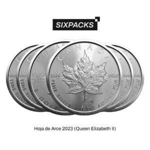 Paquete de 6 monedas de plata Hojas de Arce 2023. Se observa el diseño de la planta de Maple.