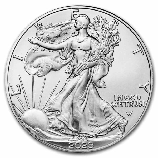 Moneda de plata Águila americana con la libertad caminando.