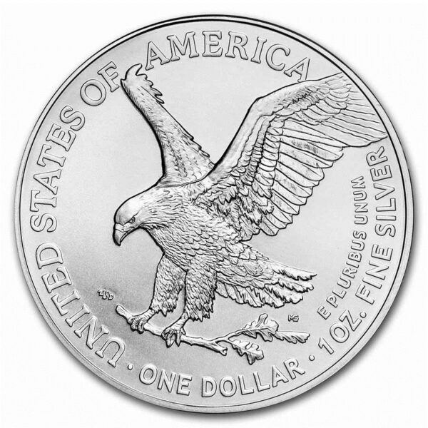 Moneda de plata Águila americana anverso con una figura de águila en vuelo con una rama en las garras.
