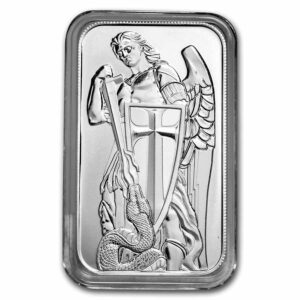 barra de plata con la imagen del arcángel Miguel con escudo y espada contra una serpiente.