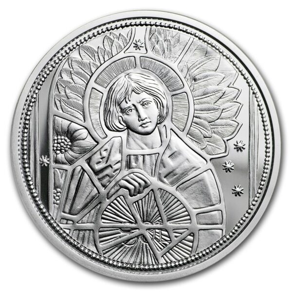 Arcángel Uriel, retrato de una obra de arte de Uriel joven en una moneda de plata.