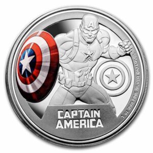 Moneda de plata Capitán América con el escudo silver age a color.