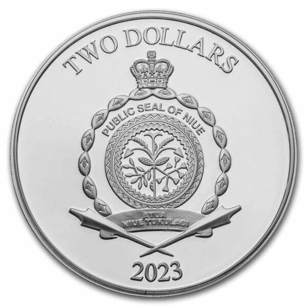 Anverso de la moneda de plata Capitán América con el año de emisión (2023) y la denominación lagal de 2 dólares. Moneda de curso legal en Niue.
