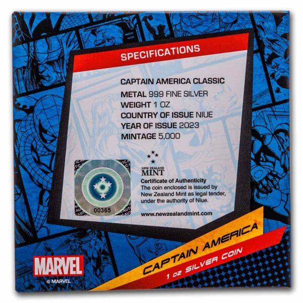 Certificado en el packaging de la moneda Capitán América 2023.
