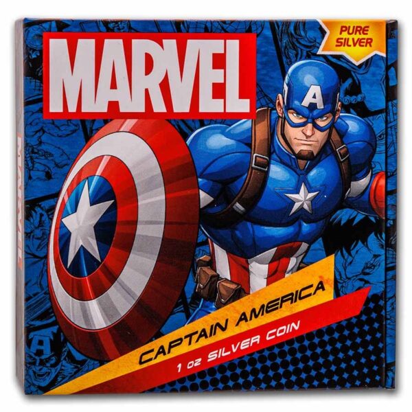 Packaging oficial de la moneda de plata Capitán América 2023 con el logo MARVEL.