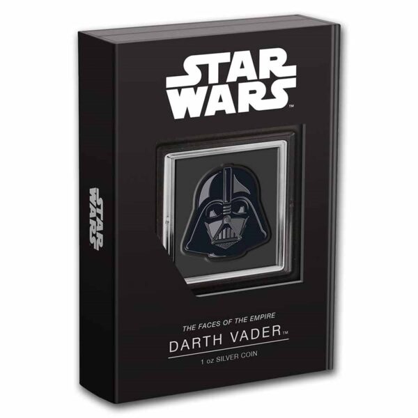 Packaging oficial de moneda de plata Darth Vader.