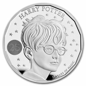 Moneda de plata Harry Potter, con el rostro del personaje y el número 25.