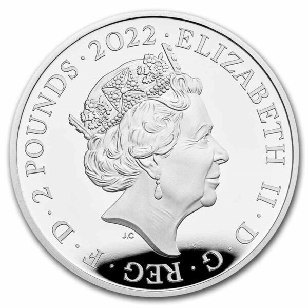 Anverso de la moneda Harry Potter, con la efigie de la reina Elizabeth II.