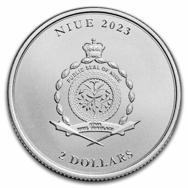 Escudo de Niue con 2 dólares de denominación legal.