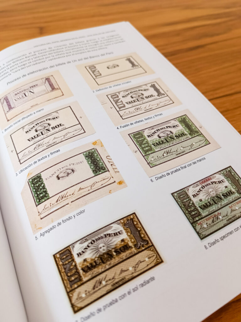 Libro Historia del papel moneda en el Perú abierto en la sección de billetes de un sol.