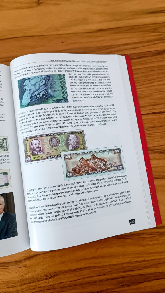 Libro Historia del papel moneda en el Perú abierto en la sección de soles de oro.
