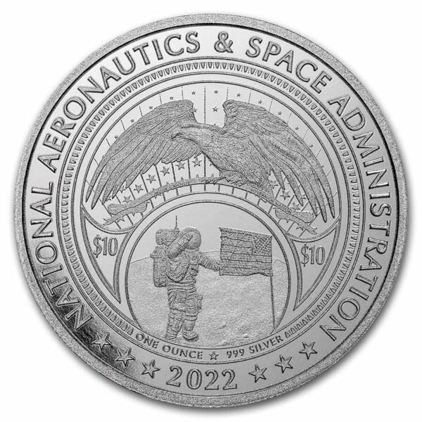 Anverso moneda de plata NASA, con bandera de USA y astronauta.