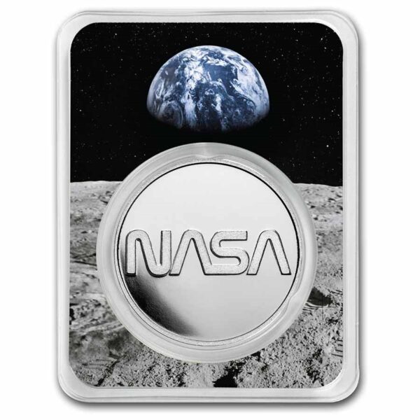 Empaque protector de la moneda NASA WORM LOGO con el diseño del planeta tierra en la parte superior.
