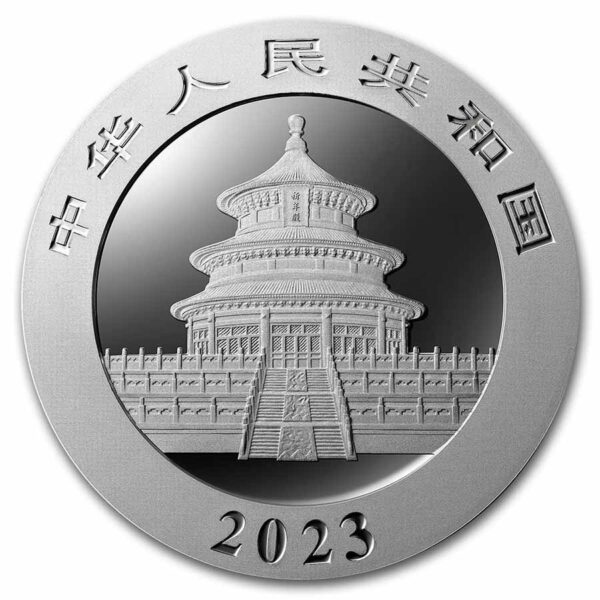 Moneda de plata 999 con diseño de una pagoda China y la inscripción 2023.