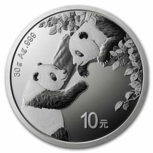 Panda 2023 moneda de plata 999 de 30 gramos con 2 pandas mirándose.