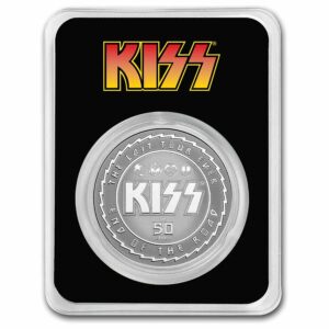 Moneda de plata KISS 50 aniversario en packaging oficial.