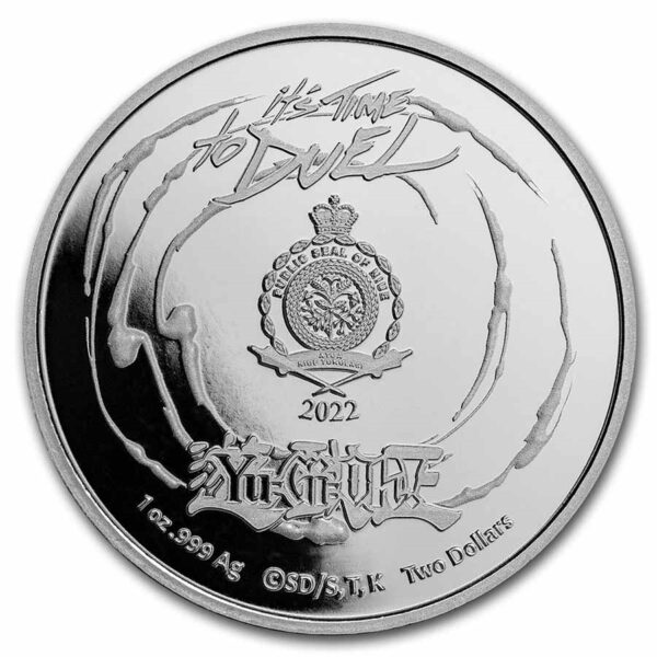 Moneda de plata YU-GI-OH! con la frase: It's time to duel y características de la moneda como peso fino, año y pureza.