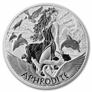Representación de Afrodita sentada en la playa en la roca, rodeada de conchas. Ella sostiene un espejo en su mano izquierda y una paloma posada en su mano derecha. Al fondo aparecen un cisne y tres delfines. El diseño también incluye la inscripción "APHRODITE" y la marca de ceca "P" de The Perth Mint.