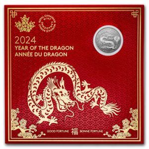 Packaging frontal del Año del Dragón 2024 moneda de plata de 1/4 de onza acuñada por The Royal Mint.