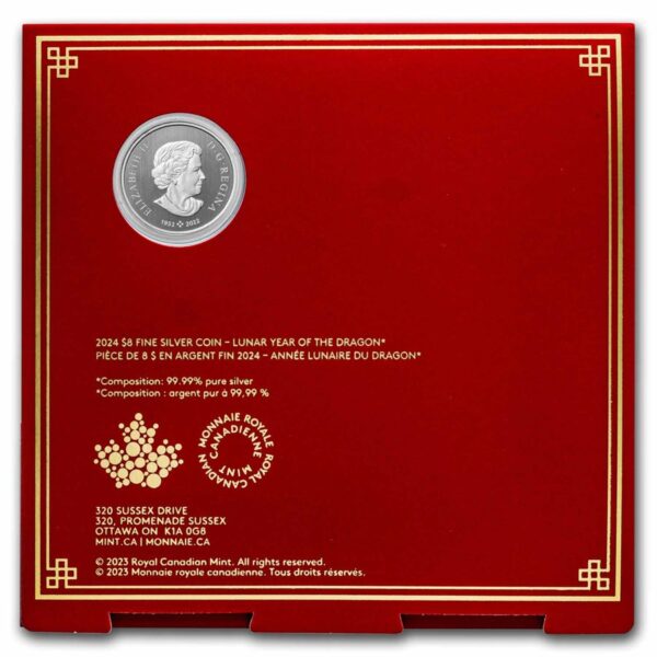 Packaging del Año del Dragón 2024 moneda de plata de 1/4 de onza acuñada por The Royal Mint.