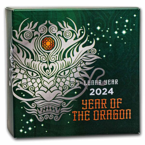 Packaging verde con el diseño del Dragón. Moneda de plata Año del Dragón 2024