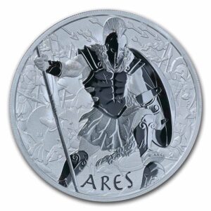 Se representa al dios de la guerra, Ares, equipado con bastón y escudo en el centro de una bulliciosa batalla. El diseño también incluye la inscripción "ARES" y la marca de ceca "P" de The Perth Mint.