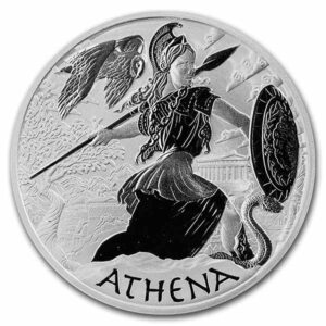 Se representa a Atenea sosteniendo su lanza y escudo, lista para la batalla. Un búho vuela sobre ella. El diseño también incluye la inscripción "ATHENA" y la marca de ceca "P" de The Perth Mint.