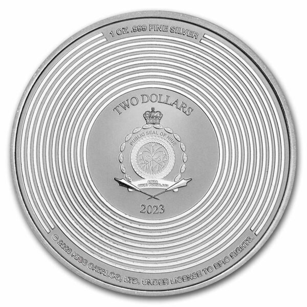 Moneda de plata KISS 50 aniversario, peso fino, pureza y año de acuñación.
