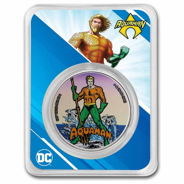 Moneda de plata Aquaman a color.